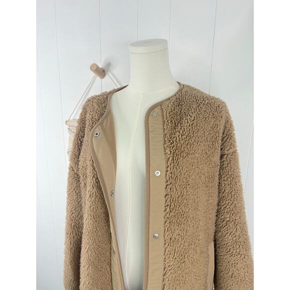 Uniqlo Tan Teddy Coat Womens Small Longline Fleece Sherpa Jacket No Collar - Picture 8 of 13